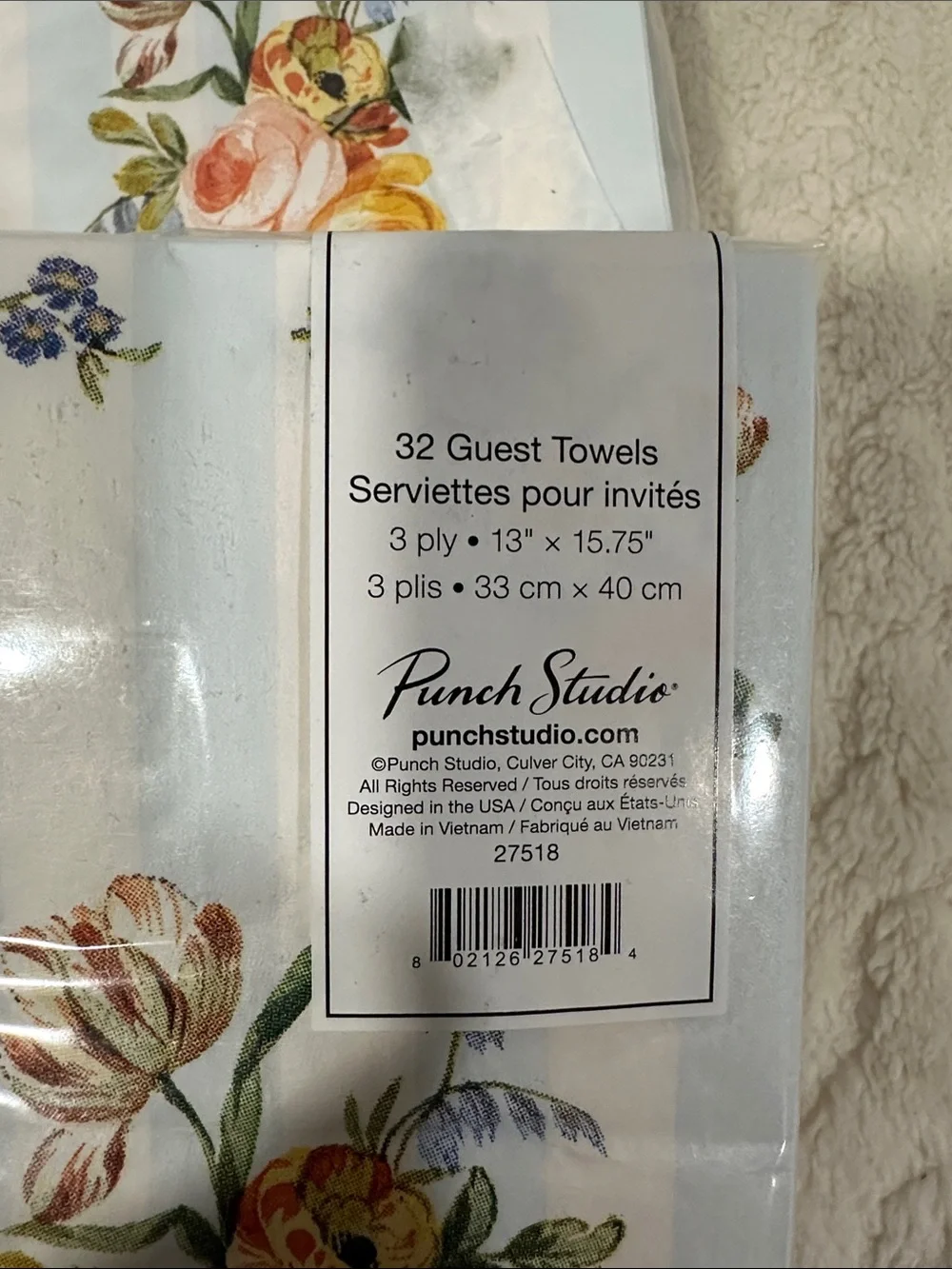 Punch Studio 32 x 2pk Guest Paper Towel Napkins White Blue Floral Stripe Print